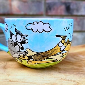 Hand painted greyhound mug / cute greyhound mug / sleeping greyhound investigated by racoons / cute greyhound gift / racoons stealing treats