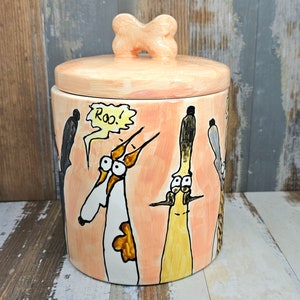 Hand painted greyhound treat jar / greyhound treat canister / Don&#39;t say woof, say roo / greyhounds begging  / ceramic treat jar 32oz