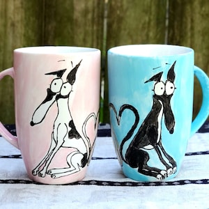 MADE TO ORDER Hand painted greyhound mug / awkwardly sitting greyhounds latte mug / cute greyhound gift /greyhound tail hearts &lt;3