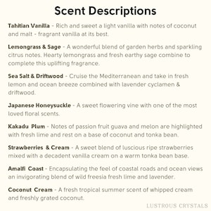 May include: A list of scent descriptions for candles, including Tahitian Vanilla, Lemongrass & Sage, Sea Salt & Driftwood, Japanese Honeysuckle, Kakadu Plum, Strawberries & Cream, Amalfi Coast, and Coconut Cream.