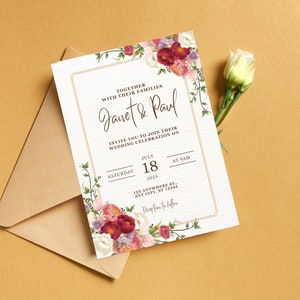 Dard Red Flower Wedding Invitation Blossoms of Passion: Dark Red Flower Wedding Invitation Instant Download Invite