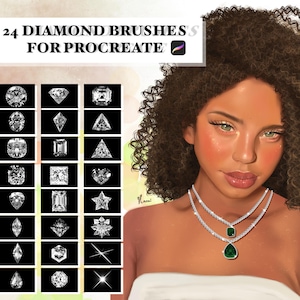 Può includere: 24 pennelli di diamante per l'app Procreate. L'immagine mostra un set di 24 pennelli a forma di diamante per l'app Procreate. I pennelli sono disposti in una griglia su uno sfondo nero. L'immagine mostra anche una donna con i capelli castani ricci che indossa una camicetta bianca e una collana d'argento con un ciondolo di pietra preziosa verde.