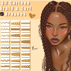 30 Procreate 2D Cartoon Braid and Curl Brushes, Braid, Loc, Curl, Afro, Twist Hair Brushes for Digital Painting, Dual Color Braid Brushes