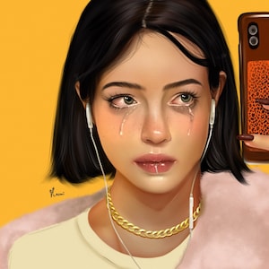 May include: A young woman with dark hair is crying while wearing headphones and a gold chain necklace. She is looking at the camera with a sad expression. The background is a bright yellow color.