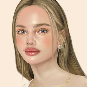 May include: A portrait of a woman with long blonde hair, wearing a white tank top and a gold chain necklace. She has blue eyes and is wearing a pearl flower earring.