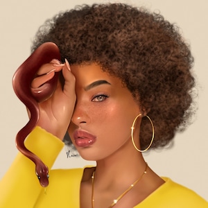 May include: A woman with an afro hairstyle is wearing a yellow shirt and gold hoop earrings. She is holding a brown snake in her hand.