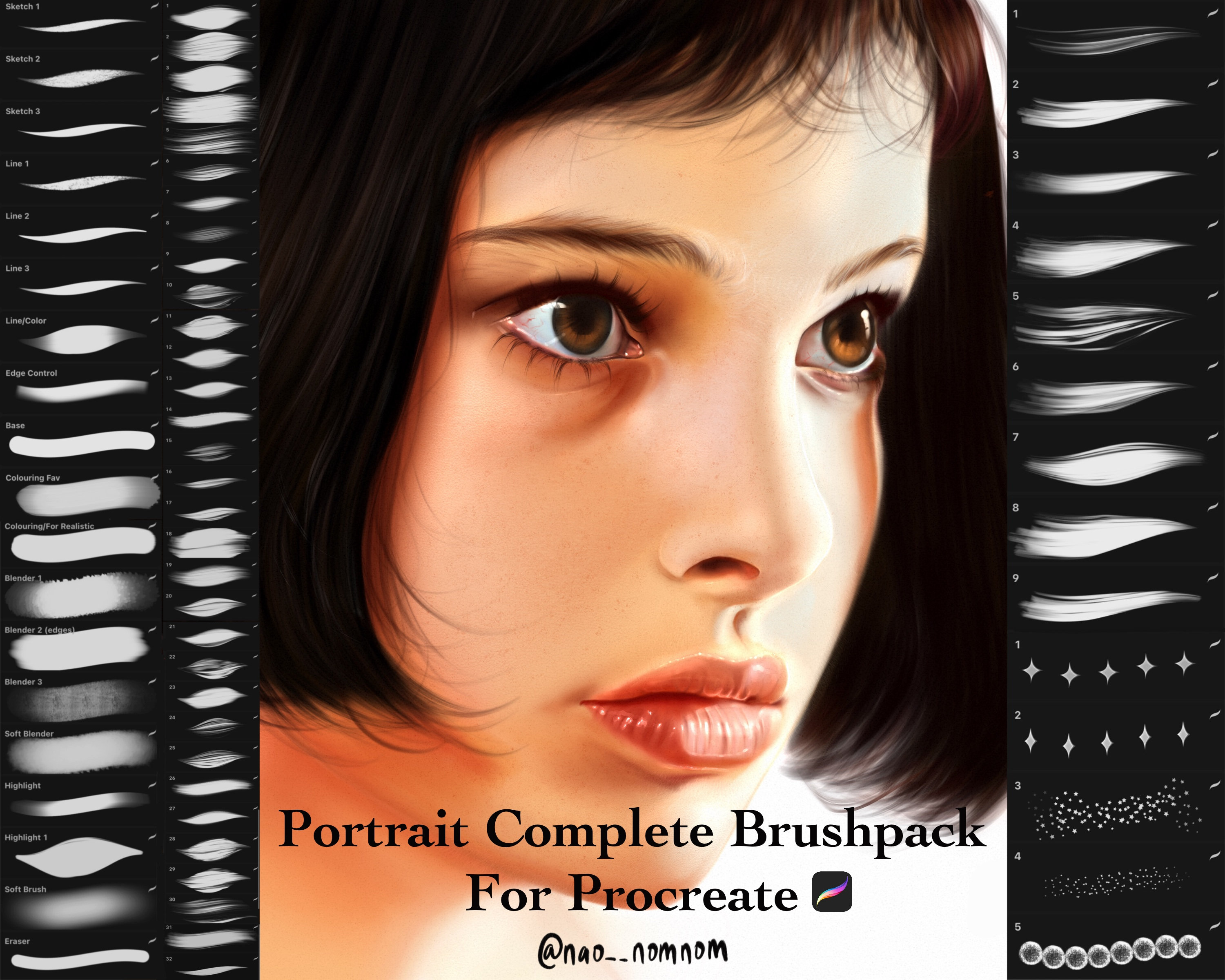 Procreate Portrait Brush Pack: Complete Set for Sketching, Lining, Coloring, Blending, Highlights, Hair, Brows & Lashes - Image 1
