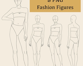 May include: Eight black and white line drawings of fashion figures in various poses. The figures are wearing simple clothing, such as a strapless top and shorts. The text "8 PNG Fashion Figures" is in the upper right corner of the image.