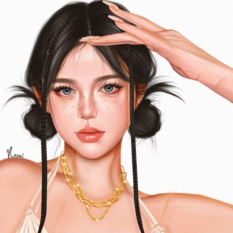 May include: A woman with long black braids and freckles wears a gold chain necklace. She has her hand on her forehead and is looking at the camera.