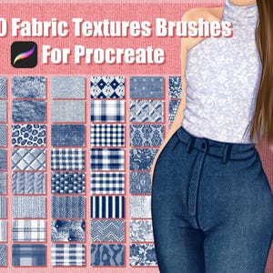 Puede incluir: Un conjunto de 100 pinceles de textura de tela para Procreate, mostrados como una cuadrícula de miniaturas. Los pinceles presentan una variedad de texturas, incluyendo denim, cuadros y encaje.