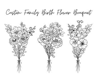 Custom Family Birth Flower Bouquet, Family Birth Month Tattoo Design, Flower Bouquet Wall Art, Floral Line Tattoo Design, Digital Download