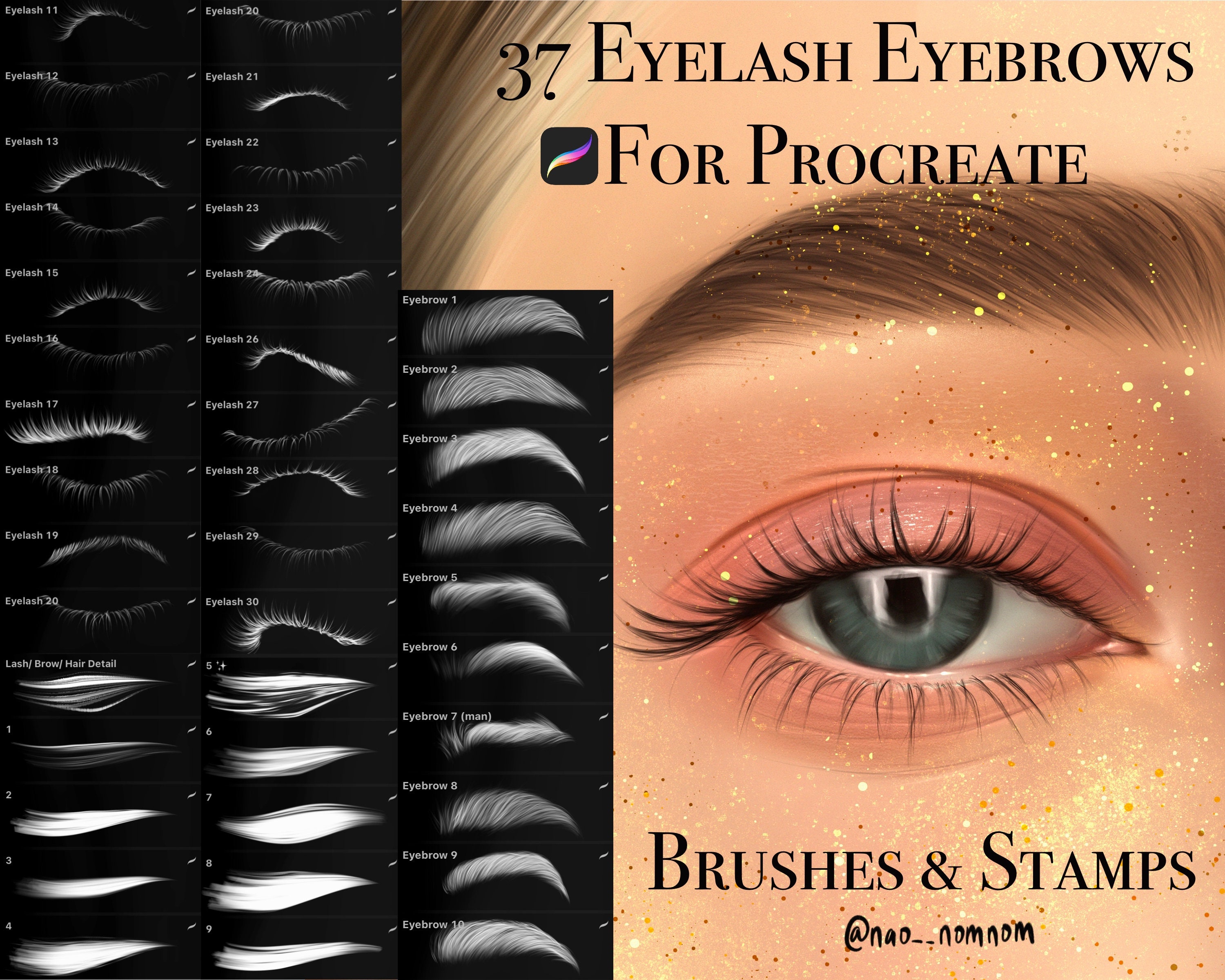 40 pinceles y sellos de cejas y pestañas para Procreate con maquillaje realista