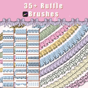 May include: A digital illustration of 35+ ruffle brushes. The image shows a variety of different ruffle designs in various colors, including pink, blue, yellow, and green. The brushes are arranged in rows and columns, and they are all outlined in black. The text "35+ Ruffle Brushes" is at the top of the image.