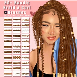 60 Procreate Braid and Curl Brushes, Braid, Loc, Curl, Afro, Twist Hair Brushes for Digital Painting, Dual Color Braid Brushes