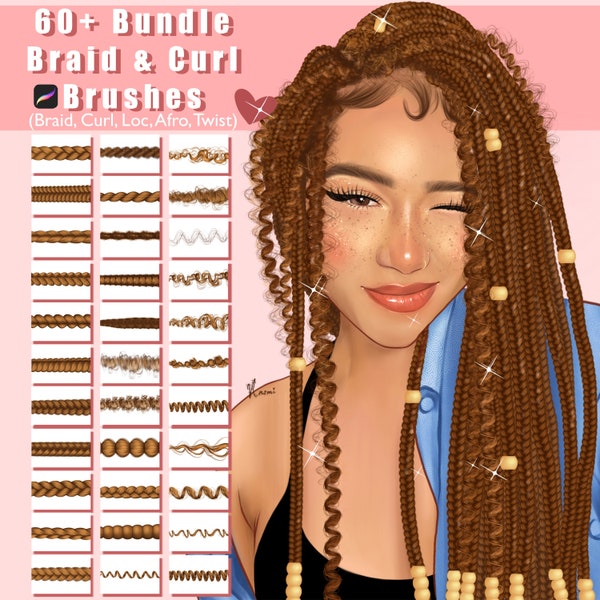 60 brosses Procreate Braid and Curl, Braid, Loc, Curl, Afro, Pinceaux torsadés pour la peinture numérique, Pinceaux tressés bicolores