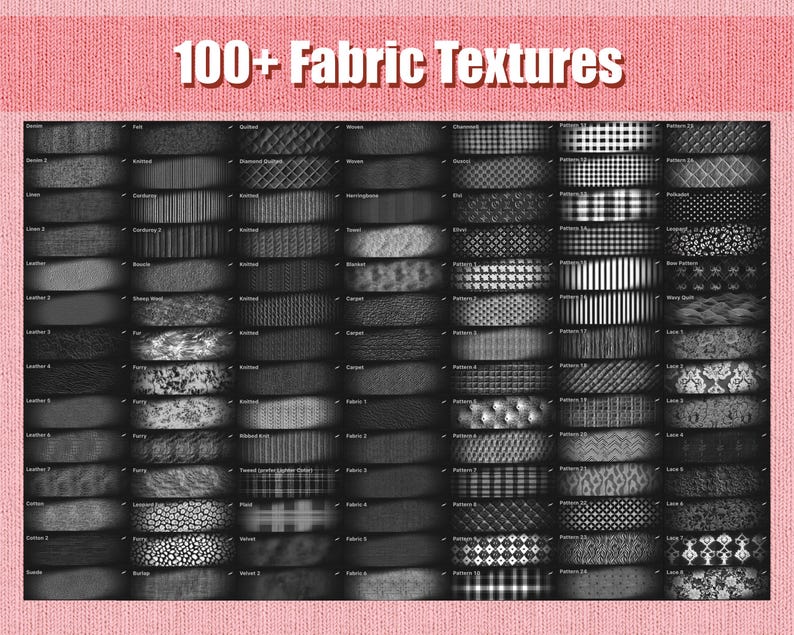 Procreate Fabric Texture Brushes, Procreate Clothes Brushes, Procreate Texture Seamless Brushes, Procreate Fashion Brush, Pattern Brush including Denim, Linen, Leather, Cotton, Knitted, Wool, Fur, Plaid, Velvet, Woven, Towel, Blanket, Carpet, Lace