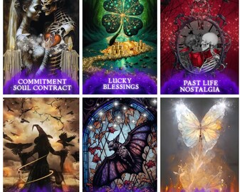 Può includere: Un set di sei carte dei tarocchi con illustrazioni colorate e testo. Le carte raffigurano una coppia di scheletri, un quadrifoglio, un orologio con una coppia di scheletri, una strega con corvi, un pipistrello in una finestra di vetro colorato e una farfalla con un cuore.