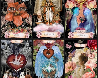 May include: Six tarot cards with a dark backdrop, showcasing illustrations of flowers, figures, and symbols. Each card is labelled with titles like "Grief," "Balance," and "Union." The cards are decorated with floral and butterfly designs, with a vintage aesthetic.