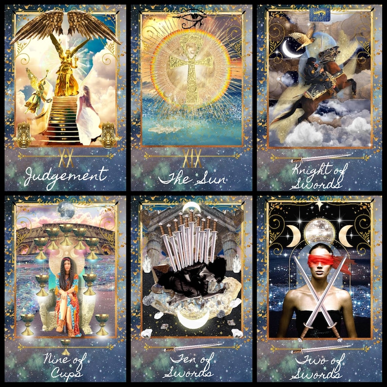 K&ouml;nnte beinhalten: Sechs Tarotkarten mit einem himmlischen Thema. Jede Karte zeigt eine einzigartige Illustration mit goldenen Akzenten und einem dunkelblauen Hintergrund. Die Karten tragen Titel wie "Gericht", "Die Sonne", "Ritter der Schwerter", "Neun der Kelche", "Zehn der Schwerter" und "Zwei der Schwerter".