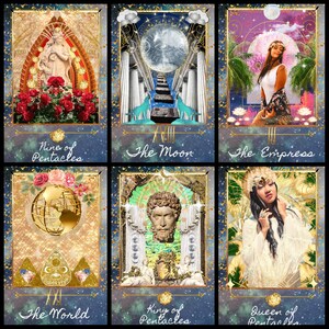 K&ouml;nnte beinhalten: Ein Set von sechs Tarotkarten mit goldenen und blauen R&auml;ndern. Die Karten zeigen Illustrationen von Figuren, Symbolen und Texten, darunter "Nine of Pentacles", "The Moon", "The Empress", "The World", "King of Pentacles" und "Queen of Pentacles".