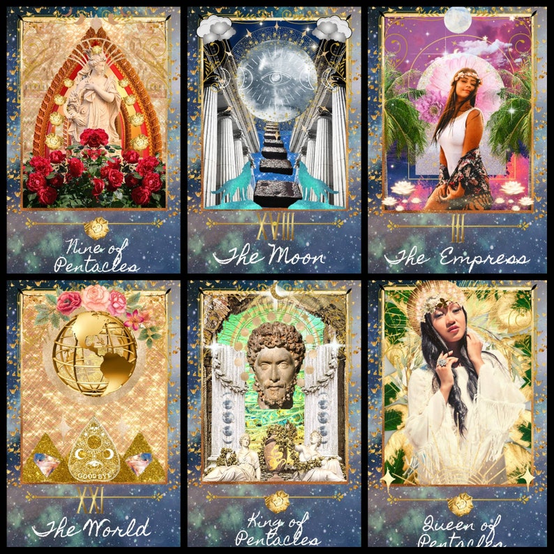 K&ouml;nnte beinhalten: Ein Set von sechs Tarotkarten mit goldenen und blauen R&auml;ndern. Die Karten zeigen Illustrationen von Figuren, Symbolen und Texten, darunter "Nine of Pentacles", "The Moon", "The Empress", "The World", "King of Pentacles" und "Queen of Pentacles".