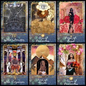 K&ouml;nnte beinhalten: Ein Set aus sechs Tarotkarten mit mystischen Illustrationen und Titeln wie "Der Turm" und "As der Pentakel". Die Karten haben einen dunkelblauen Hintergrund mit goldenen Details. Jede Karte zeigt einzigartige Bilder.