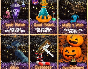 Pode incluir: Seis cartas ilustradas com tema de Halloween. Cada carta apresenta uma poção ou objeto diferente com um título e descrição correspondentes. As cartas estão sobre um fundo preto brilhante com um padrão de teia de aranha.