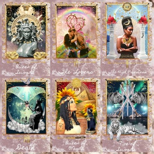 K&ouml;nnte beinhalten: Ein Set aus sechs Tarotkarten mit verzierten Goldrahmen. Die Karten zeigen Illustrationen von Figuren und Symbolen, darunter eine Medusa-B&uuml;ste, ein sich k&uuml;ssendes Paar und eine Frau mit Kopfschmuck. Jede Karte hat unten einen Titel.