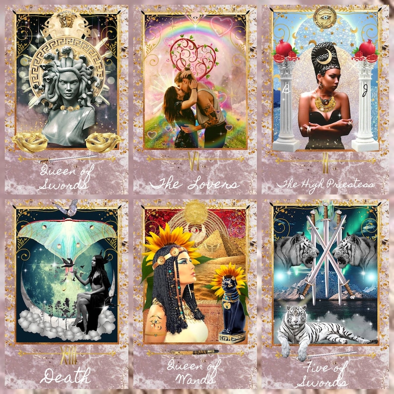 K&ouml;nnte beinhalten: Ein Set aus sechs Tarotkarten mit verzierten Goldrahmen. Die Karten zeigen Illustrationen von Figuren und Symbolen, darunter eine Medusa-B&uuml;ste, ein sich k&uuml;ssendes Paar und eine Frau mit Kopfschmuck. Jede Karte hat unten einen Titel.
