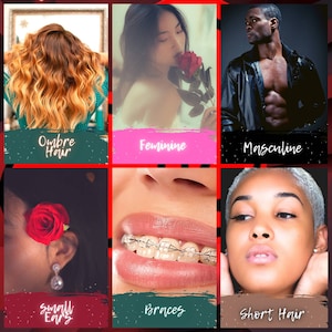 Puede incluir: Un collage de imágenes que muestran diferentes características, incluyendo cabello ombré, rasgos femeninos, rasgos masculinos, orejas pequeñas, frenillos y cabello corto.