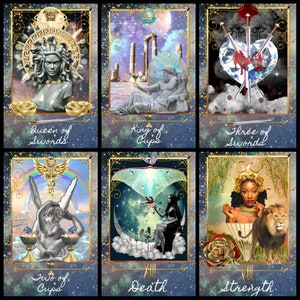 K&ouml;nnte beinhalten: Sechs Tarotkarten mit goldenen R&auml;ndern und himmlischen Hintergr&uuml;nden. Die Karten zeigen Illustrationen von Figuren und Symbolen, darunter Medusa, ein K&ouml;nig, Schwerter, Kelche und ein L&ouml;we. Jede Karte hat unten einen Titel, wie "Queen of Swords" und "Strength."
