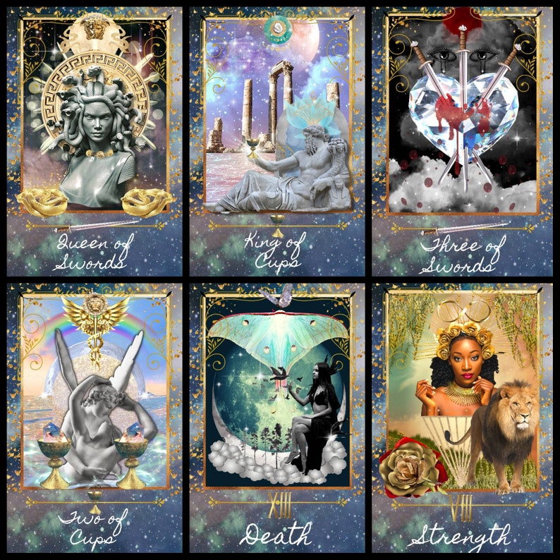 K&ouml;nnte beinhalten: Sechs Tarotkarten mit goldenen R&auml;ndern und himmlischen Hintergr&uuml;nden. Die Karten zeigen Illustrationen von Figuren und Symbolen, darunter Medusa, ein K&ouml;nig, Schwerter, Kelche und ein L&ouml;we. Jede Karte hat unten einen Titel, wie "Queen of Swords" und "Strength."