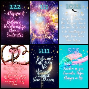 May include: Six colourful cards with angel numbers and inspirational messages. The numbers are 222, 111, 1022, 404, 1111, and 505. The messages are about alignment, intuition, trust, loyalty, wake-up call, and freedom.
