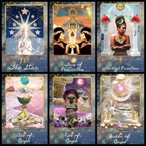 K&ouml;nnte beinhalten: Ein Satz von sechs Tarotkarten mit goldenen R&auml;ndern und einem Sternenhintergrund. Die Karten zeigen Illustrationen von Figuren, Symbolen und Text, darunter "The Star", "Two of Pentacles", "The High Priestess", "Ace of Cups", "Five of Cups" und "Queen of Cups".