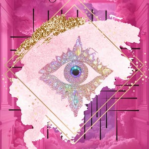 Pode incluir: Arte digital rosa e dourada com um design de olho adornado com joias, um detalhe de glitter dourado e o texto "WTF Oracle". O fundo &eacute; uma sala rosa com formas de nuvens e o texto "JENNIFER AQUARIUS TAROT."