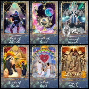 K&ouml;nnte beinhalten: Ein Satz von sechs Tarotkarten mit verzierten Goldr&auml;ndern. Jede Karte zeigt eine einzigartige Illustration mit Titeln wie "Page of Swords", "Seven of Cups" und "Five of Swords". Die Kunstwerke umfassen Figuren, Tiere und himmlische Elemente.