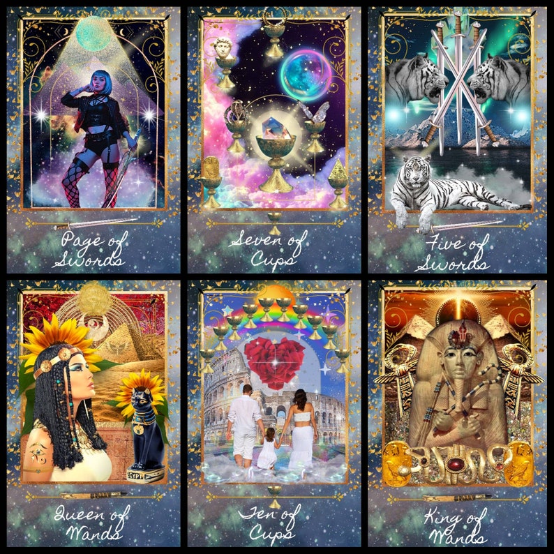 K&ouml;nnte beinhalten: Ein Satz von sechs Tarotkarten mit verzierten Goldr&auml;ndern. Jede Karte zeigt eine einzigartige Illustration mit Titeln wie "Page of Swords", "Seven of Cups" und "Five of Swords". Die Kunstwerke umfassen Figuren, Tiere und himmlische Elemente.
