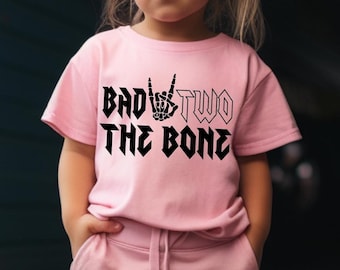 Bad Two The Bone 2nd Birthday Shirt Rock On Skeleton Hand Toddler Girls Pink Tee