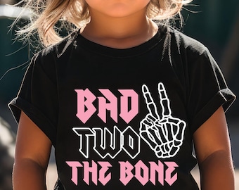 Bad Two The Bone 2nd Birthday Family Shirt Toddler Rock N Roll 2nd Birthday Skeleton Design For Girls Toddler Girl Black Tee