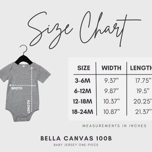 May include: A gray baby jersey one-piece on a hanger, with a size chart showing measurements in inches. The chart lists sizes 3-6M, 6-12M, 12-18M, and 18-24M, with corresponding width and length measurements.