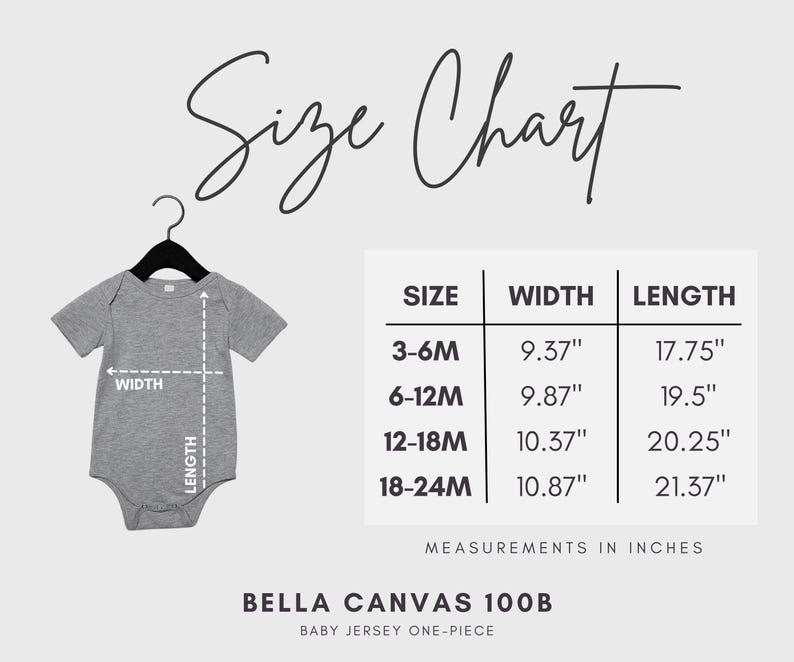 May include: A gray baby jersey one-piece on a hanger, with a size chart showing measurements in inches. The chart lists sizes 3-6M, 6-12M, 12-18M, and 18-24M, with corresponding width and length measurements.