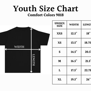 May include: A black t-shirt with a size chart for youth sizes. The chart includes measurements for width and length in inches, ranging from XXS to XL. The text "Youth Size Chart" is at the top.