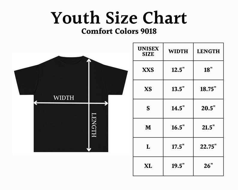 May include: A black t-shirt with a size chart for youth sizes. The chart includes measurements for width and length in inches, ranging from XXS to XL. The text "Youth Size Chart" is at the top.
