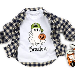 Personalized Boys Halloween Shirt Ghost Name Toddler Tee Custom Fall Shirt Cute Boy Ghost Shirt Spooky Kids Halloween Outfit