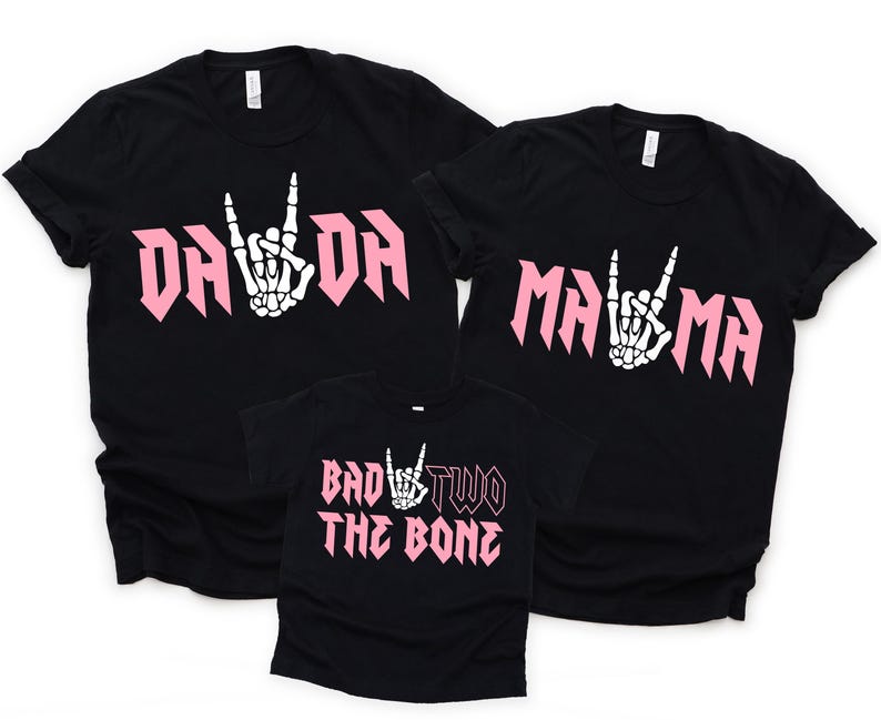 Cute 2nd birthday shirt for rock and roll theme party.
Toddler girl second birthday skeleton graphic shirt.
Bad Two the Bone rock n roll birthday shirt for toddler.