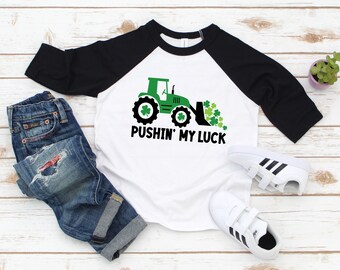 Toddler Easter Tractor Shirt Pushing My Luck Shirt Toddler St Patricks Day Shirt Boy Lucky Charm Easter T Shirt-Boy Shamrock Tee-Shirt