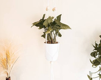 Minimalist Macrame Plant Hanger with Big Wooden Beads, Indoor Plant Holder
