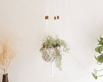 Minimalist Braided Macrame Plant Hanger with Small Wooden Beads, Indoor Plant Holder