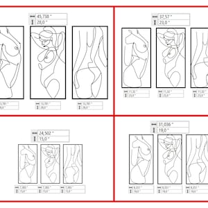 May include: A set of four groupings of three black line art wall panels depicting abstract human figures. Each panel features a continuous line drawing of a body. Dimensions are provided in inches for each set, ranging from 15 to 28 inches in height.