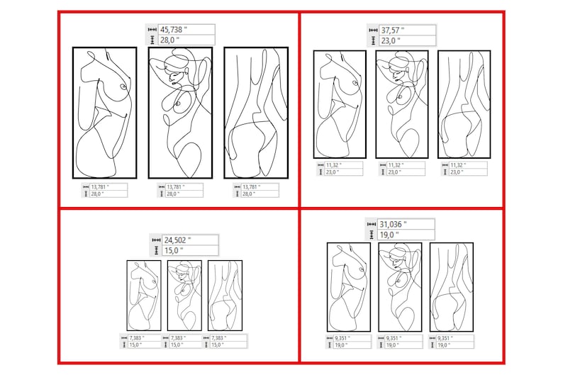 May include: A set of four groupings of three black line art wall panels depicting abstract human figures. Each panel features a continuous line drawing of a body. Dimensions are provided in inches for each set, ranging from 15 to 28 inches in height.